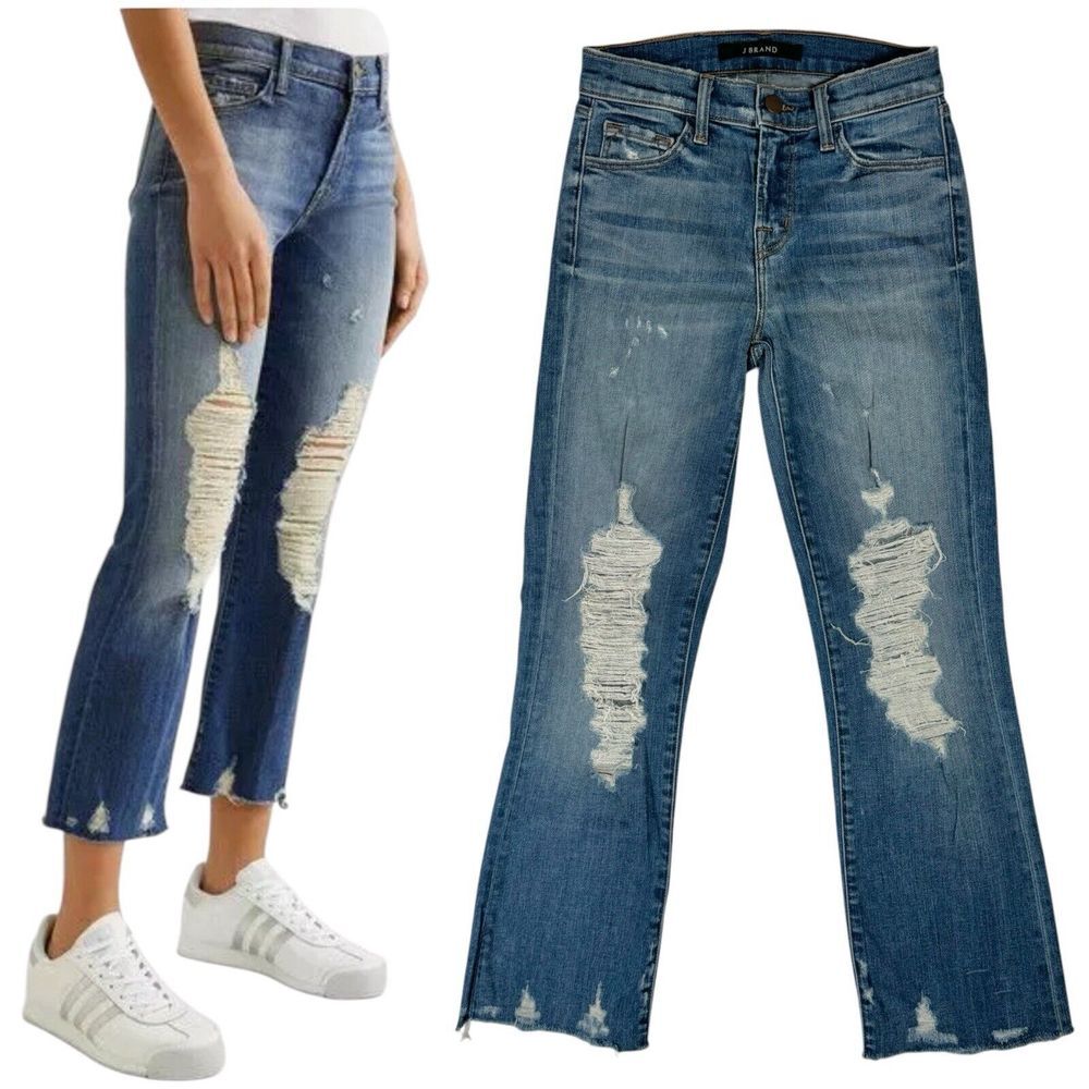 J Brand Selena Bootcut Distressed Jeans Size 24‎ Cropped Mid Rise Fringe Ripped